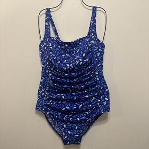 L.L. Bean Women's 14 Reg Swimsuit Square Neck One Piece Swim Slimming Blue GUC